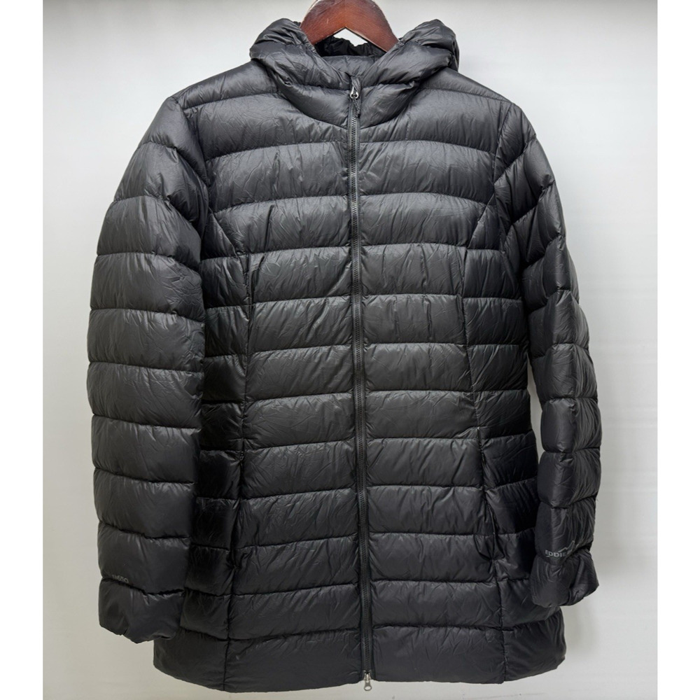 Eddie Bauer Down Puffer Jacket Womens Large Black EB650 Hooded Quilted